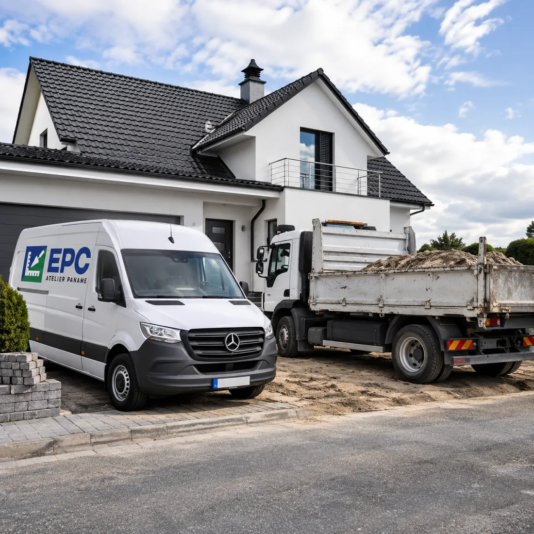 Fourgon et camion benne EPC Atelier Paname stationnés devant une maison